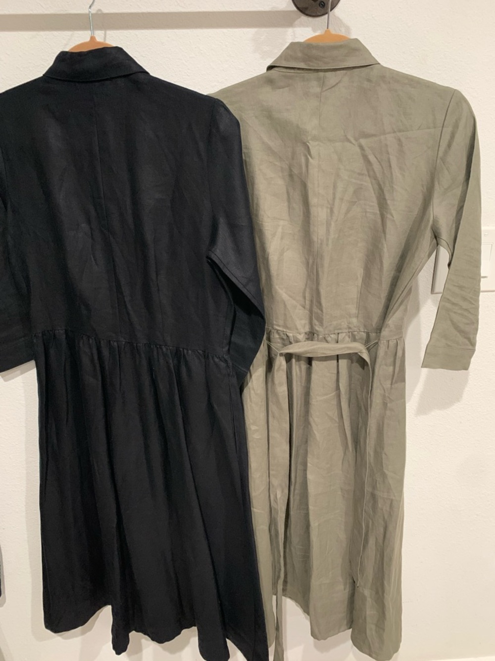 2 Lands' End Linen Olive Black 3/4 Sleeve Midi Button-Front Shirt Dresses, NWOT - Picture 2 of 10